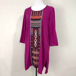 Johnny Was Vintage Magenta Tunic Raw Hem Cotton Embroidered Boho Bold Western
